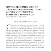 On the Reformed Mass of Vatican II and Benedict XVI's Letter Motu Proprio Summorum Pontificum